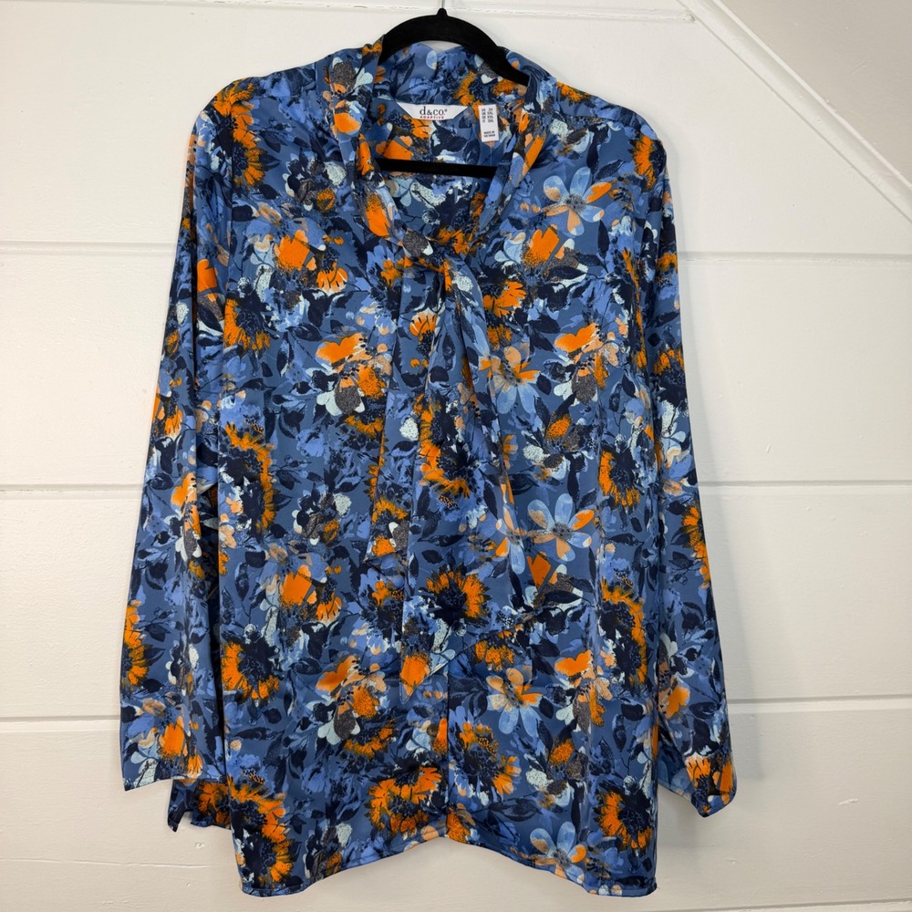 Denim & Co. Adaptive Floral Printed Blouse Neck Tie Detail 2X NEW Blue Orange - Picture 2 of 12